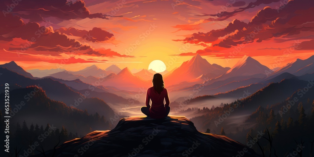Vector art of a woman meditating. Practice yoga in lotus pose at the top of a mountain. Healthy lifestyle, self-care, mindfulness concept - obrazy, fototapety, plakaty 