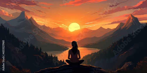 a woman meditating. Practice yoga in lotus pose at the top of a mountain. Healthy lifestyle, self-care, mindfulness concept
