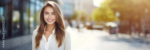 Wallpaper Mural Young beautiful woman smiling in a city panoramic banner, pretty student girl portrait, young businesswoman standing outdoor, copy space Torontodigital.ca