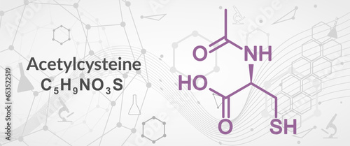 Acetylcysteine NAC mucolytic drug molecule. Also used to treat paracetamol overdose. Skeletal formula.