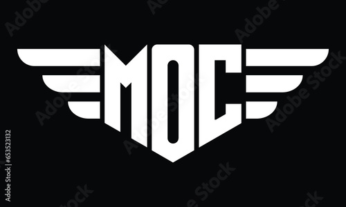 MOC three letter logo, creative wings shape logo design vector template. letter mark, word mark, monogram symbol on black & white.