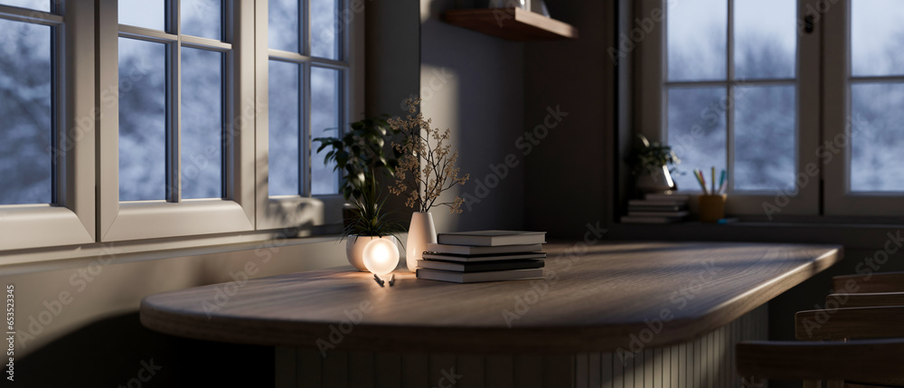 Fototapeta premium Empty space on a wooden tabletop against the wall and window in a modern living room in the evening.