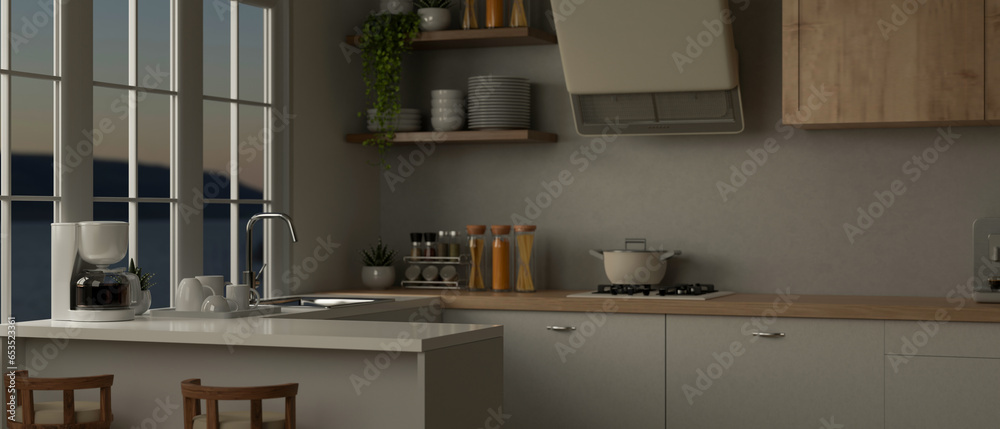 A modern minimalist white kitchen with a kitchen island, stools, and kitchen appliances.