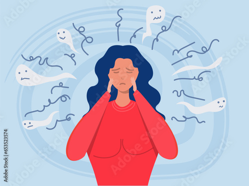 woman suffers or Stressed holds the head surrounded by thoughts,problem feel anxiety and confusion mental disease concepts. Flat vector design illustrations.
