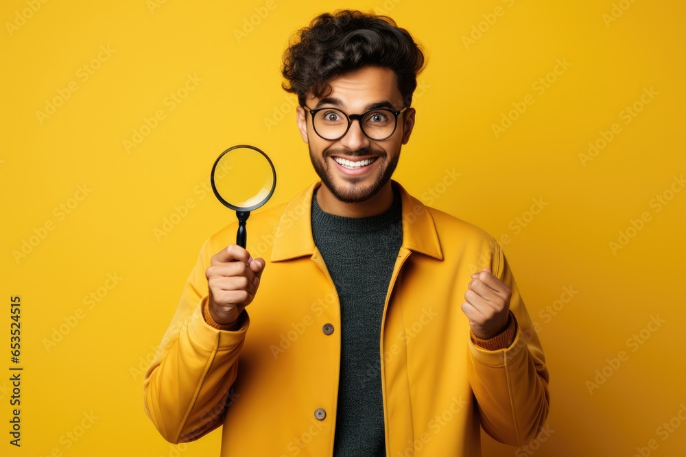 Confident young caucasian man with magnifying glass on yellow background Confident young caucasian man with magnifying glass on yellow background