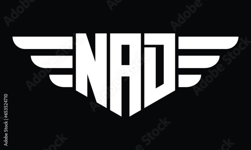 NAD three letter logo, creative wings shape logo design vector template. letter mark, word mark, monogram symbol on black & white.