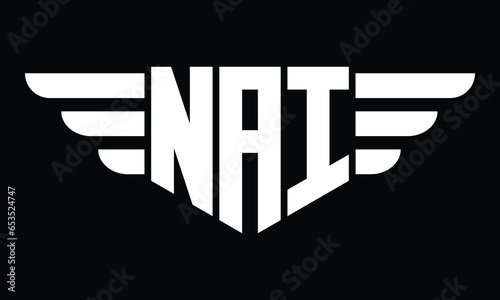 NAI three letter logo, creative wings shape logo design vector template. letter mark, word mark, monogram symbol on black & white.