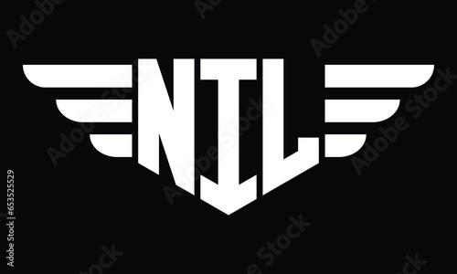 NIL three letter logo, creative wings shape logo design vector template. letter mark, word mark, monogram symbol on black & white.