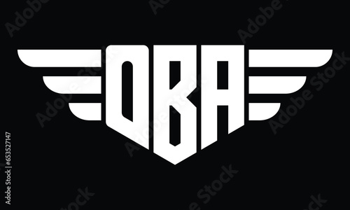 OBA three letter logo, creative wings shape logo design vector template. letter mark, word mark, monogram symbol on black & white.