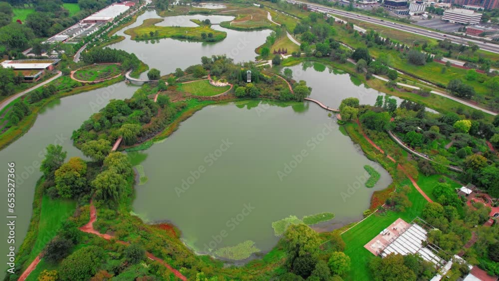 lakes at Chicago Botanic Garden ,beautiful aerial in the summer
