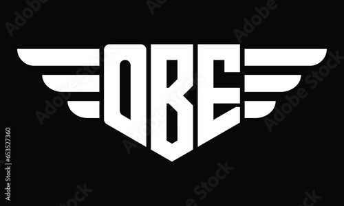 OBE three letter logo, creative wings shape logo design vector template. letter mark, word mark, monogram symbol on black & white.