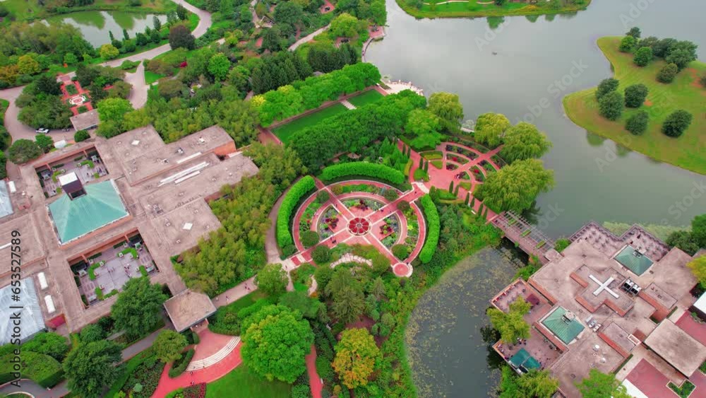 Chicago Botanic Garden beautiful aerial in the summer. In view: Heritage Garden, Crescent,