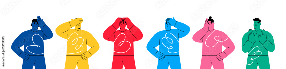 Obraz premium Set of regret or embarrassed people. Colorful vector illustration