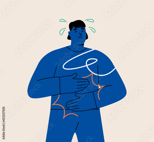 Woman feeling pain in stomach diarrhea or constipation abdominal disease. Colorful vector illustration