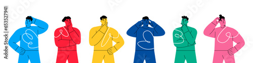 People thinking, doubting set.  Men and women in thoughts, pondering, wondering. Uncertain confused persons. Colorful vector illustration