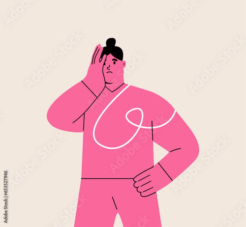 Sad disappointed woman touching his face with bad thoughts feeling depressed and unhappy. Colorful vector illustration