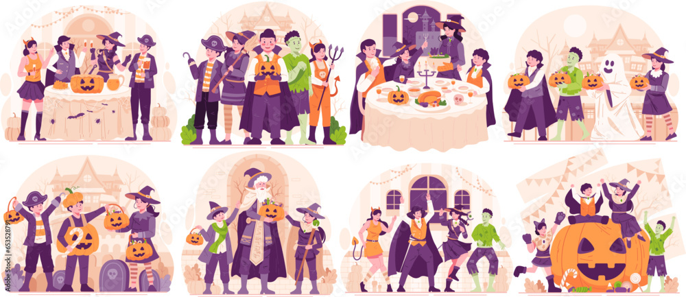 Obraz premium Mega Illustration Set of Halloween. Happy People Dressing Up in Various Halloween Costumes Celebrating Halloween. Halloween Party and Trick or Treat Concept