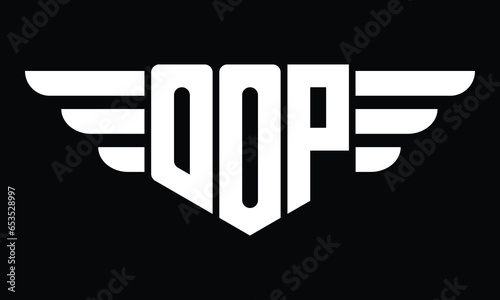 OOP three letter logo, creative wings shape logo design vector template. letter mark, word mark, monogram symbol on black & white.