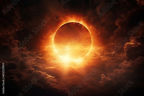 Solar eclipse or Lunar eclipse with the cloud on the sky background. photo