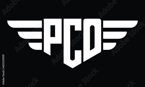 PCO three letter logo, creative wings shape logo design vector template. letter mark, word mark, monogram symbol on black & white.