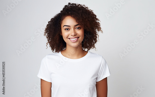 Portrait of young beautiful black african american dark-skinned woman cheerfuly smiling looking at camera. Girl with afro curly hair isolated on white background photo