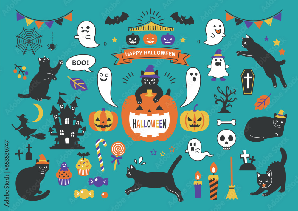 Fototapeta premium 黒猫とハロウィンのイラスト素材のセット