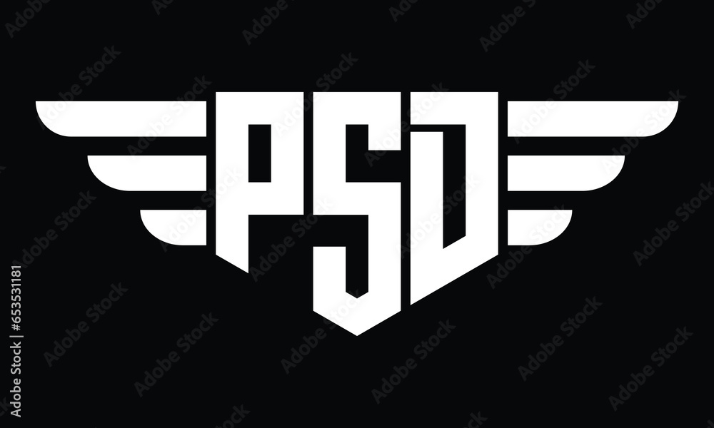 PSD three letter logo, creative wings shape logo design vector template. letter mark, word mark, monogram symbol on black & white.