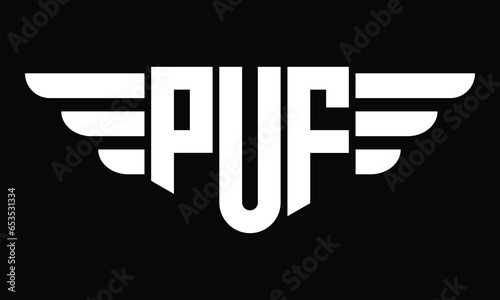 PUF three letter logo, creative wings shape logo design vector template. letter mark, word mark, monogram symbol on black & white.