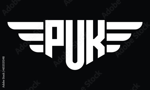 PUK three letter logo, creative wings shape logo design vector template. letter mark, word mark, monogram symbol on black & white.