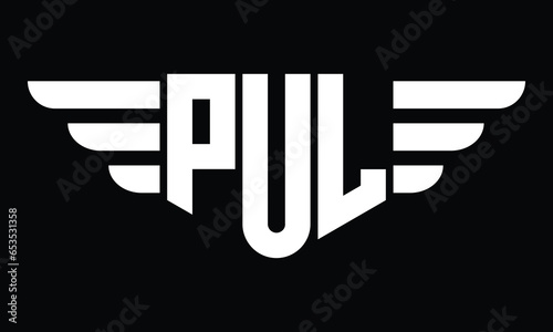 PUL three letter logo, creative wings shape logo design vector template. letter mark, word mark, monogram symbol on black & white.