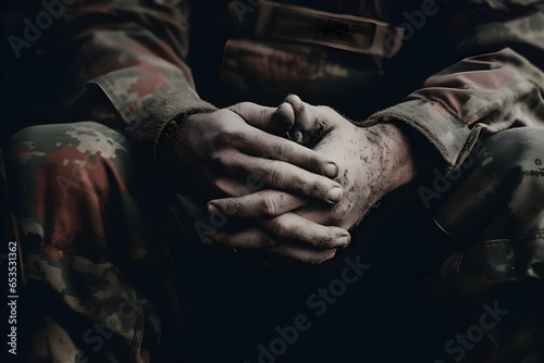  closeup hands of soldier in military uniform  photo