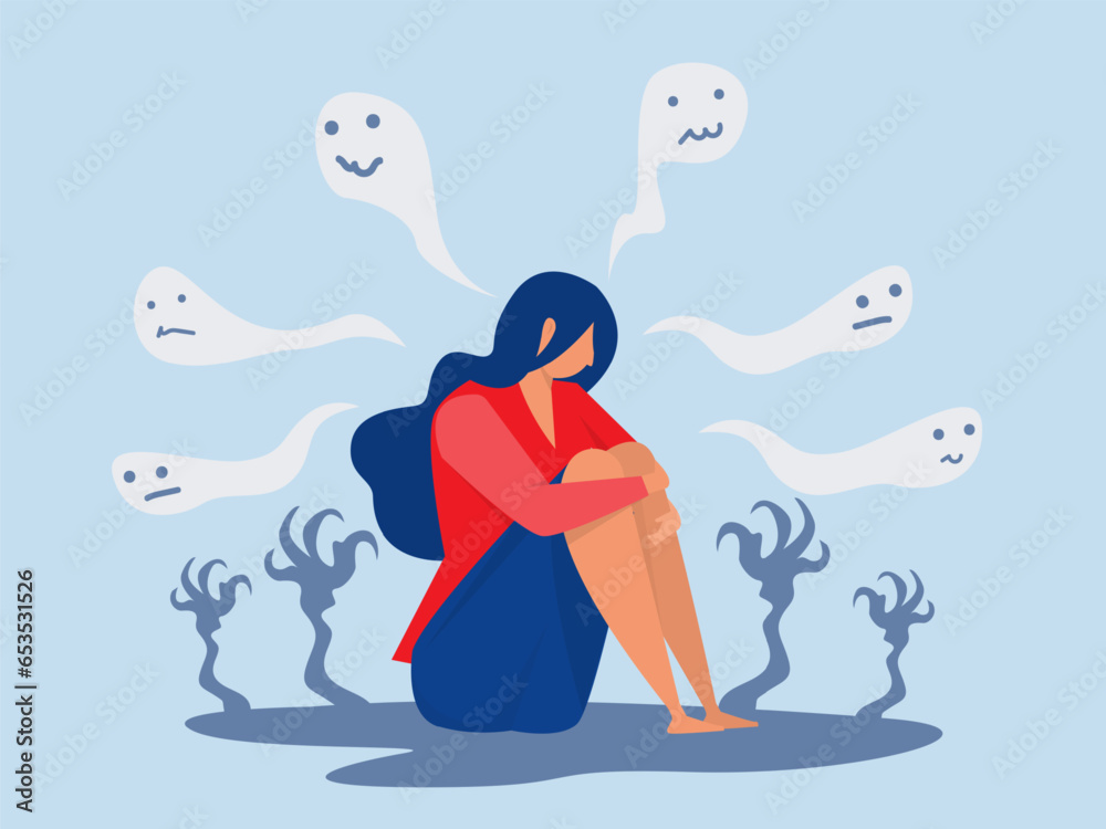 Φωτογραφία Depressed girl with anxiety and scary fantasies feeling sorrow,fears, sadness ve
