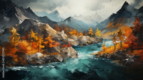 Autumn landscape in watercolor colors. A river flows through autumn mountain landscape. Autumn beauty in nature. © senadesign