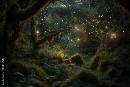 In an enchanted forest  fireflies danced among the trees  casting a magical glow  while ethereal whispers hinted at the secrets hidden within its mossy depths.