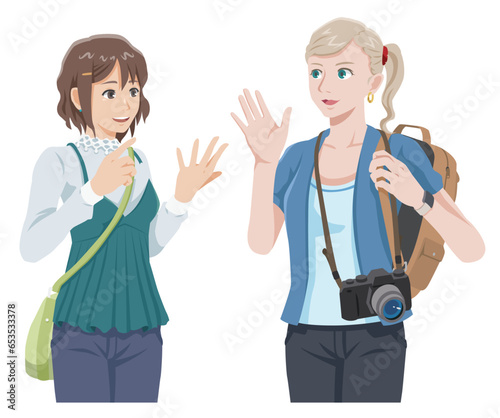 旅行者に道案内をしているイメージイラスト