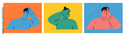 Set of regret or embarrassed people. Human emotion concept. Set of three cards. Colorful vector illustration