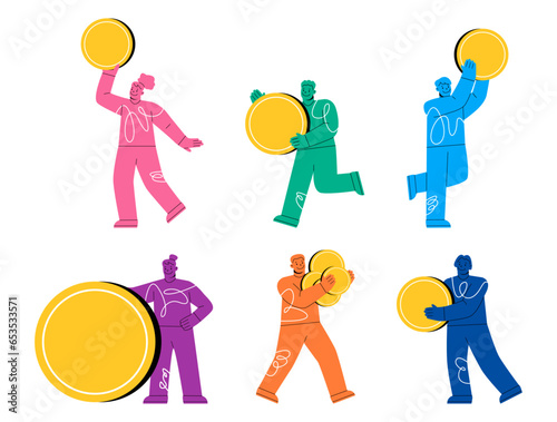 People with money set. Man and woman with coins. Colorful vector illustration