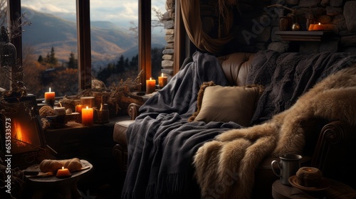 Cozy winter room with fireplace and comfortable furniture.