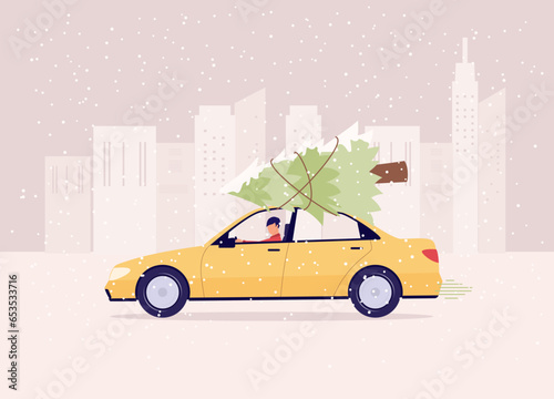 One Man Driving Car With Christmas Tree Being Tied On Top In The City Under The Snow. Full Length. Flat Design.