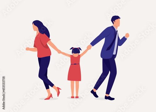 Divorce Couple Fighting Over Custody Of Their Children. Parents Walking Away In Opposite Direction While Pulling Their Daughter’s Arms. Full Length. Flat Design.