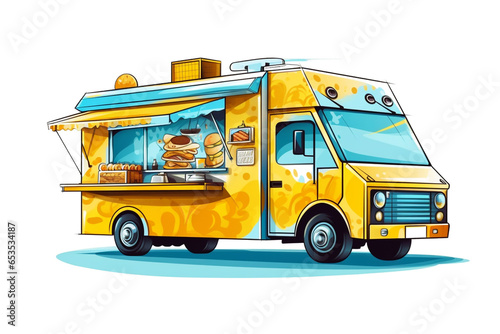 Food truck isolated on white background. Watercolor illustration.