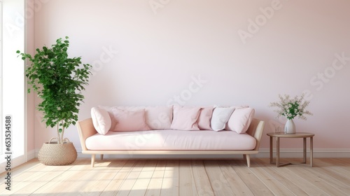 The living room has white wooden floor   a light pink sofa has two white cushions and a long potted plan Generative Ai