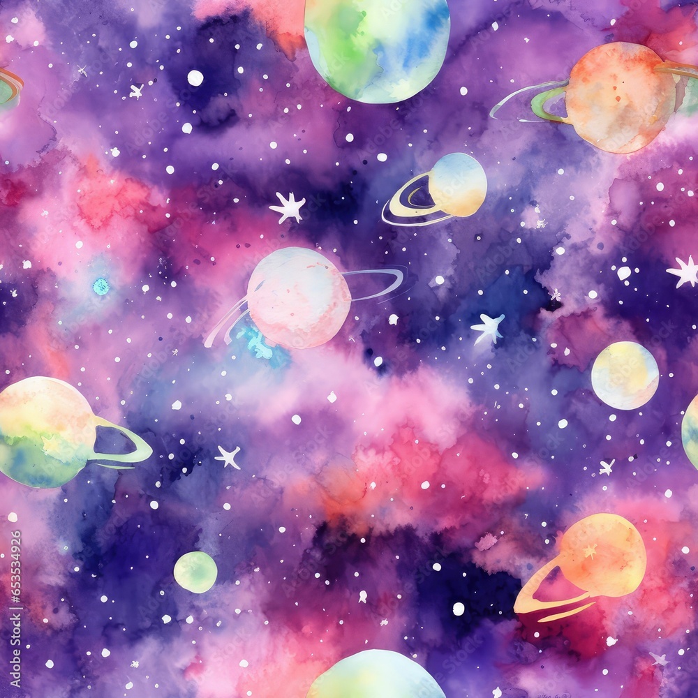 galaxy planet hand painted watercolor seamless pattern