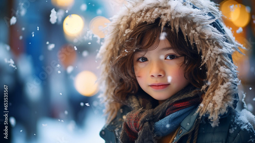 雪の中たたずむ美しい顔立ちの子ども