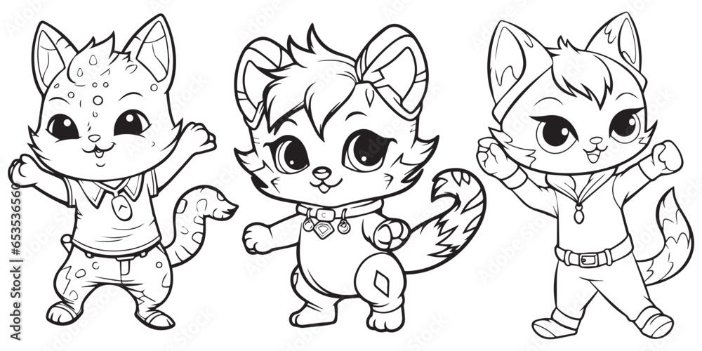 A set of cute Cat line art coloring page vector illustration