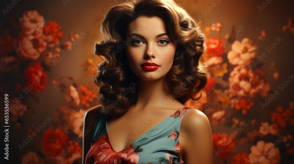 A woman in fashionable clothing and a dramatic makeover of red lips and curly hair stands against a wall, her portrait artfully capturing the beauty of a modern flower-girl A woman in fashionable clothing and a dramatic makeover of red lips and curly hair stands against a wall, her portrait artfully capturing the beauty of a modern flower-girl