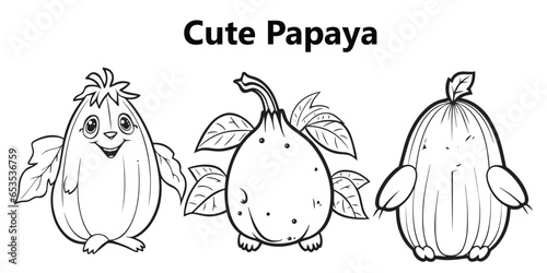 A set of Cute Papaya Line art coloring page vector illustration