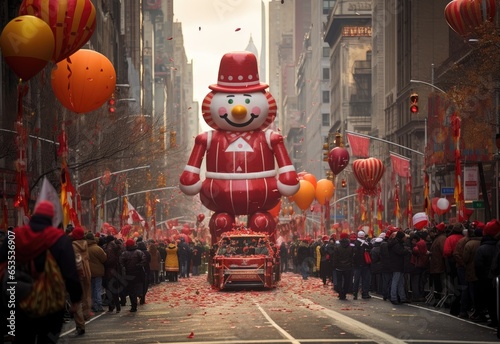 Huge clown floats through NYC with pilgrims and spectators ahead of the start of the annual Macy's Thanksgiving Day Parade