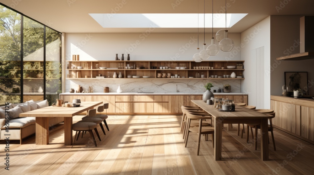 This cozy kitchen with its warm hardwood furniture, cabinetry, and table provides a welcoming space for creating memorable meals and spending quality time with family