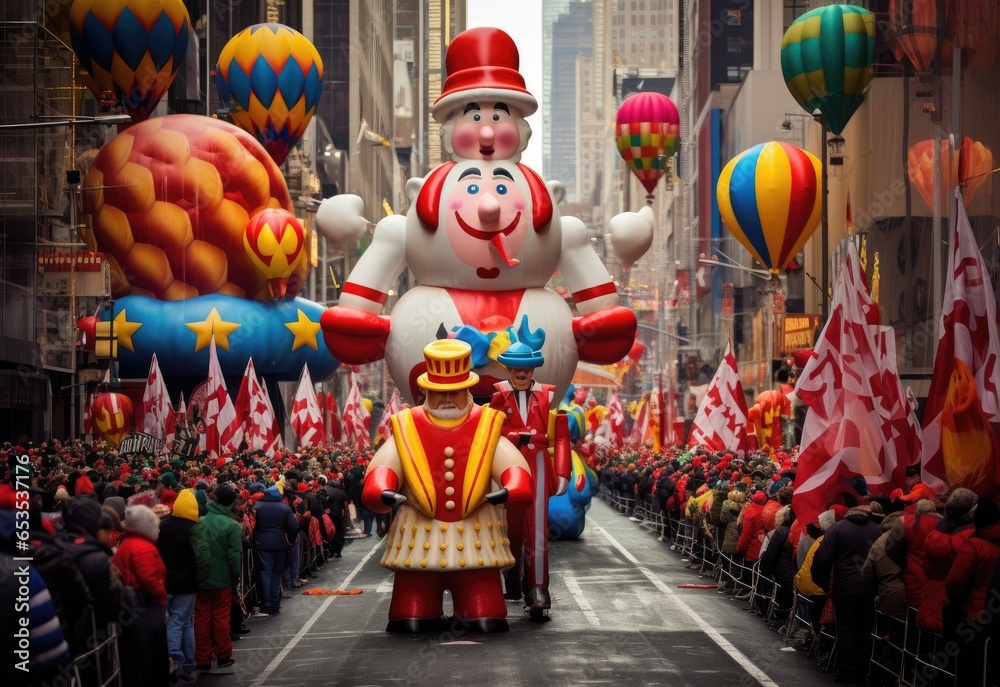 Thanksgiving Day Parade with performers and giant balloons floating through NYC - obrazy, fototapety, plakaty 